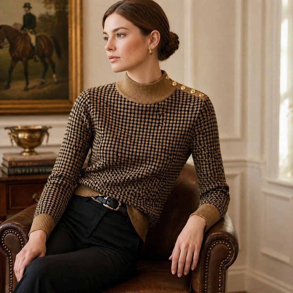 Calvin Klein Houndstooth Sweater Womens M Tan Black Gold Button Classic Preppy